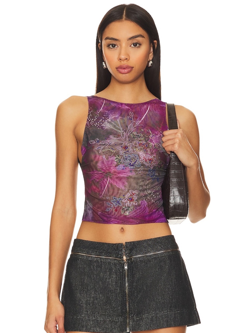 Jaded London Purple Floral Sequin Sleeveless Crop Top